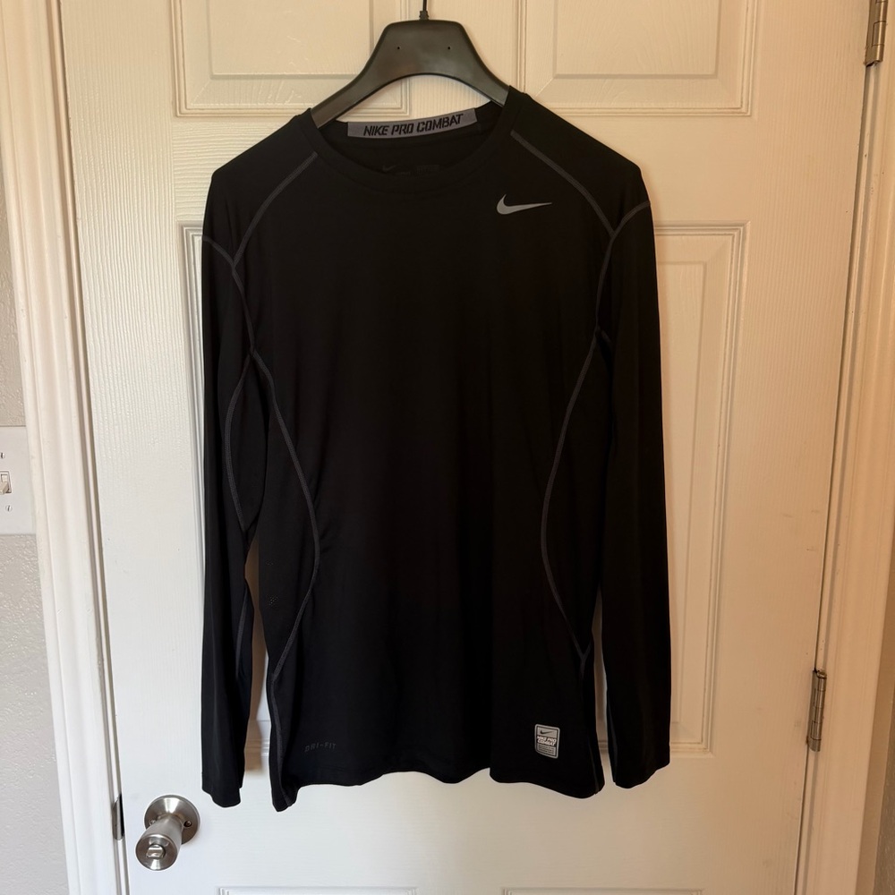 Nike Black Long Sleeve Compression Training Top with Gray Stitching